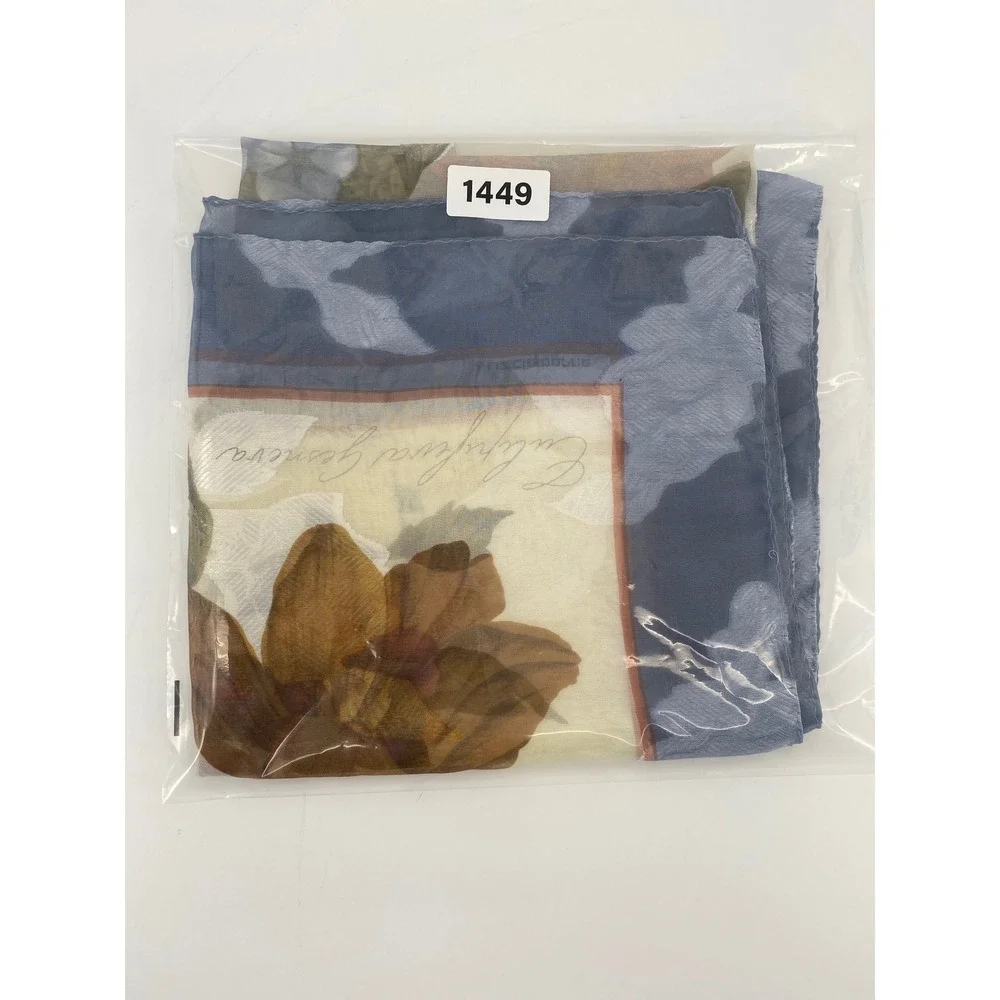 Liz Claiborne Square Scarf 34x34 Blue Cream Excellent Floral Botanical Sheer